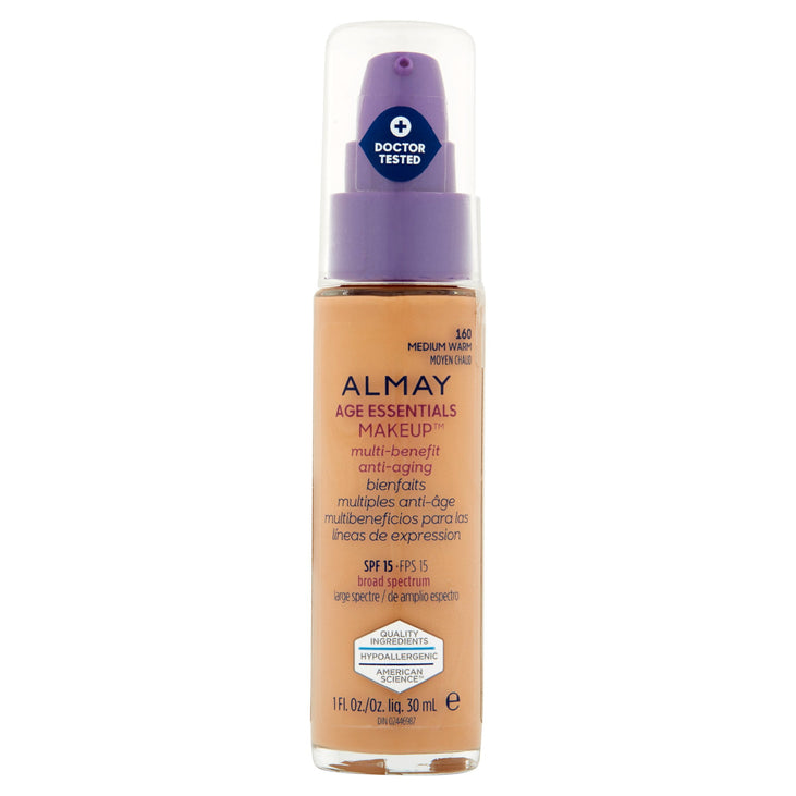 Almay Age Essentials Makeup Foundation, 160 Medium Warm, with Broad Spectrum SPF 15, 1 Fl Oz