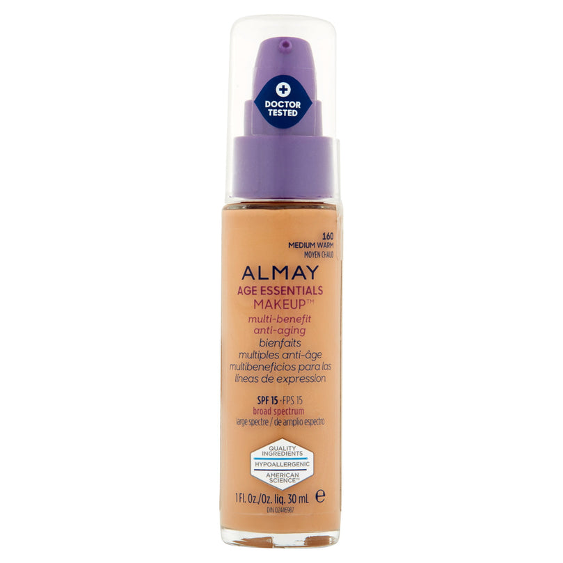 Almay Age Essentials Makeup Foundation, 160 Medium Warm, with Broad Spectrum SPF 15, 1 Fl Oz