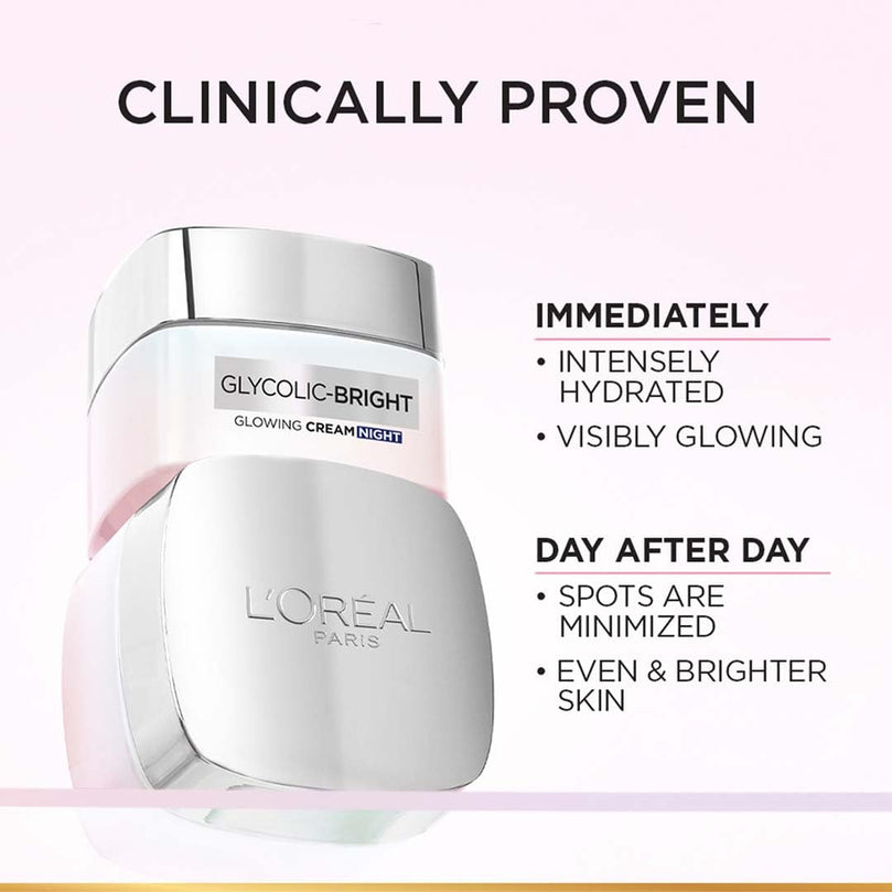 L'Oreal Paris Glycolic Bright Glowing Night Cream, 15ml |Overnight Brightening Cream with Glycolic Acid that Visbily Minimizes Spots & Reveals Glowing skin