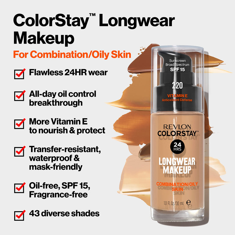 Revlon ColorStay Liquid Foundation Makeup, Matte Finish, Combination/Oily Skin, SPF 15, 135 Vanilla, 1 fl oz