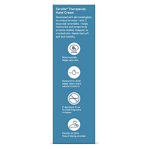 CeraVe Therapeutic Hand Cream for Dry Cracked Hands With Hyaluronic Acid and Niacinamide, Fragrance Free 3 Ounce