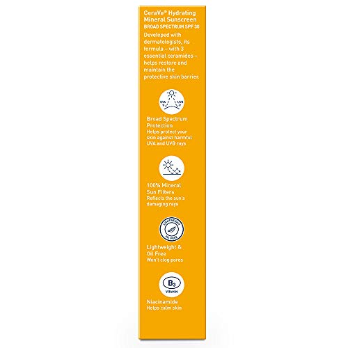 CeraVe 100% Mineral Sunscreen SPF 30, Face sunscreen With Zinc Oxide & Titanium Dioxide, Hyaluronic Acid + Niacinamide + Ceramides, Oil Free, Travel Size 2.5 oz