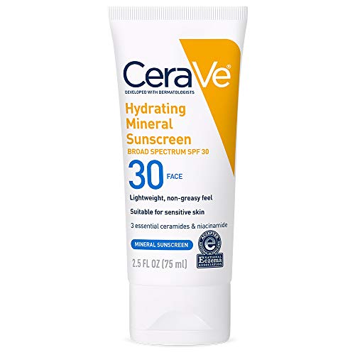 CeraVe 100% Mineral Sunscreen SPF 30, Face sunscreen With Zinc Oxide & Titanium Dioxide, Hyaluronic Acid + Niacinamide + Ceramides, Oil Free, Travel Size 2.5 oz