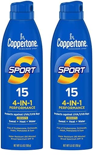 Coppertone Sport Sunscreen Spray, Broad Spectrum SPF 15 Water Resistant Spray Sunscreen, 5.5 Oz (Pack of 2)