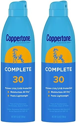 Coppertone Complete SPF 30 Sunscreen Spray, Lightweight, Moisturizing, Water Resistant, 5.5 Oz (Pack of 2), Blue
