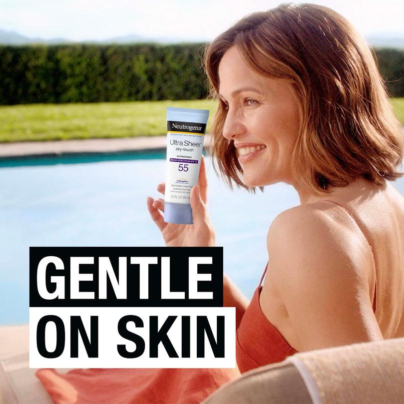 Neutrogena Ultra Sheer Dry-Touch Sunscreen Lotion, Broad Spectrum SPF 55 UVA/UVB Protection, Lightweight Water Resistant Face & Body Sunscreen, Non-Greasy, Travel Size, 3 fl. oz