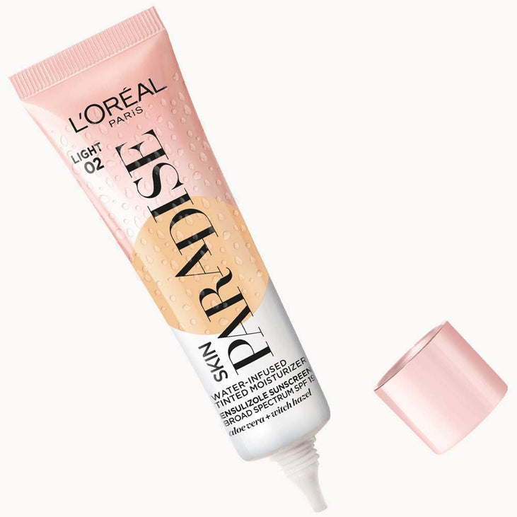 L'Oreal Paris Skin Paradise Water-infused Tinted Moisturizer with Broad Spectrum SPF 19 sunscreen lightweight, natural coverage up to 24h hydration for a fresh, glowing complexion, Light 02, 1 fl oz