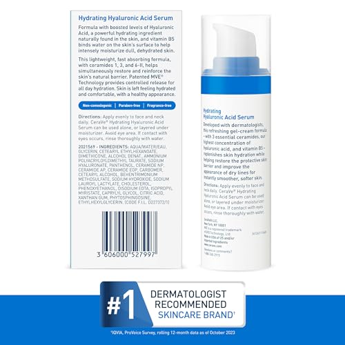 Cerave Hyaluronic Acid Serum for Face with Vitamin B5 and Ceramides, Hydrating Face Serum for Dry Skin, Fragrance Free, 1 Ounce