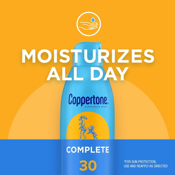 Coppertone Complete SPF 30 Sunscreen Spray, Lightweight, Moisturizing, Water Resistant, 5.5 Oz (Pack of 2), Blue