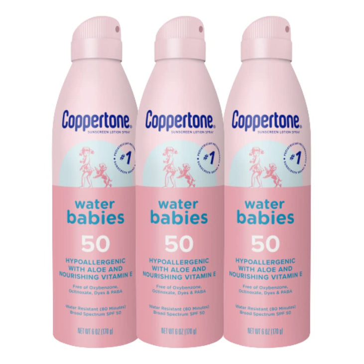 Coppertone WaterBabies Baby Sunscreen Spray SPF 50, Spray On Sunscreen for Babies, Water Resistant, Pediatrician Recommended, 6 Oz, Pack of 3