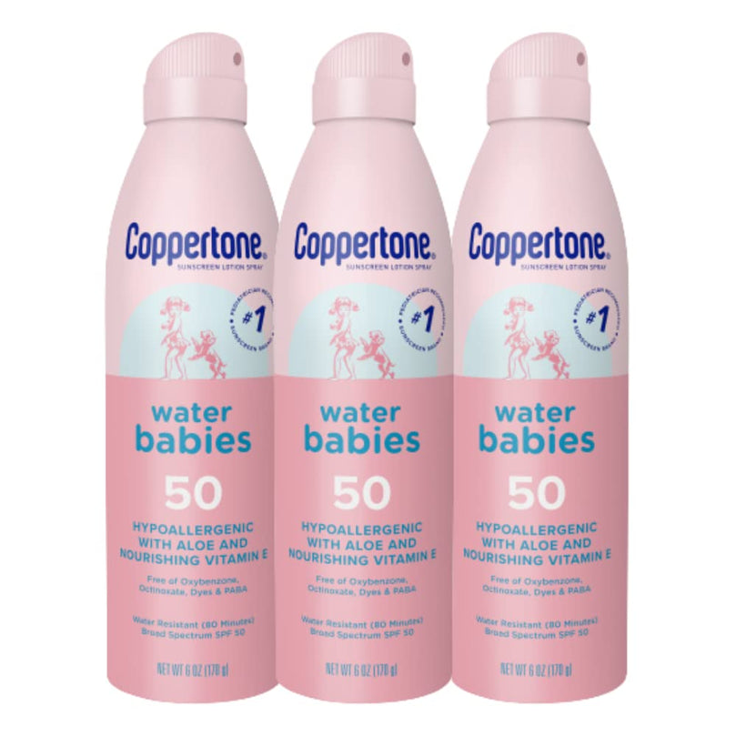 Coppertone WaterBabies Baby Sunscreen Spray SPF 50, Spray On Sunscreen for Babies, Water Resistant, Pediatrician Recommended, 6 Oz, Pack of 3