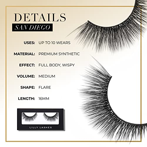 Lilly Lashes Premium Synthetic Lashes San Diego, Fake Eyelashes Natural Look, Flare Wispy Lash, False Lashes, Vegan Strip Lash, Reusable Up to 10 Wears, 15mm