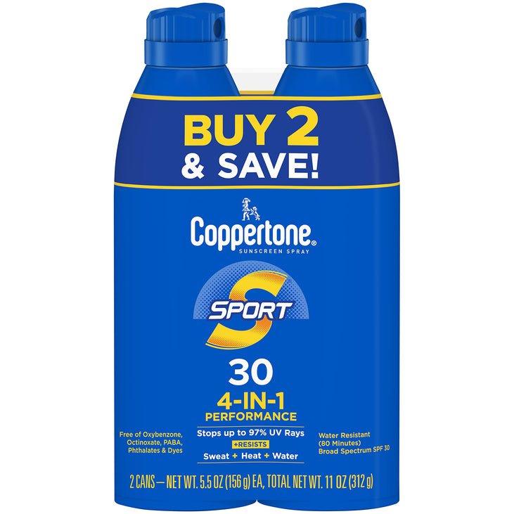Coppertone Sport SPF 30 Sunscreen Spray, Body Sunscreen, Water Resistant Spray Sunscreen, 5.5 Oz, Pack of 2 (Packaging May Vary)