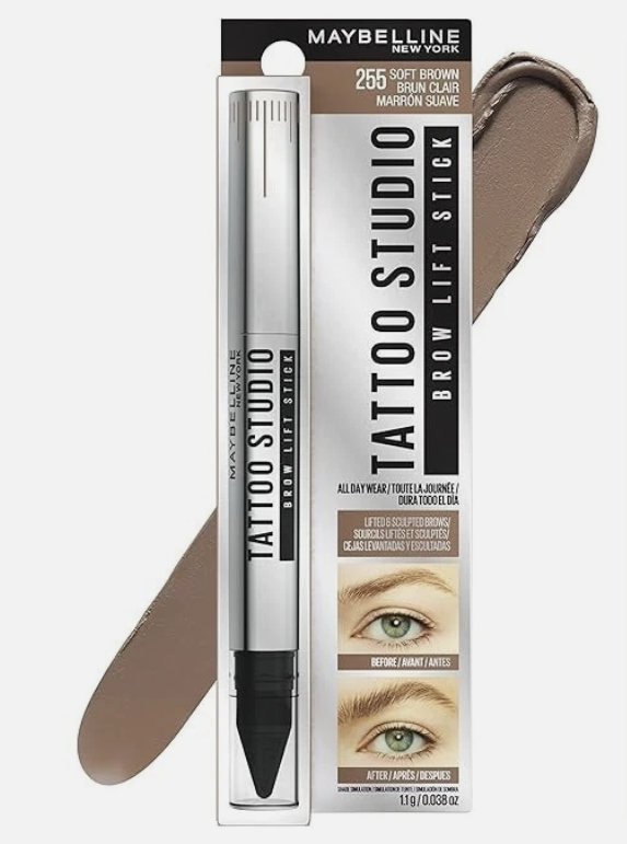 Maybelline TattooStudio Brow Lift Stick Makeup with Tinted Wax Conditioning Complex, Soft Brown, 1 Count