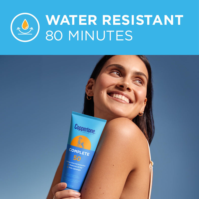 Coppertone Complete Sunscreen Lotion SPF 50, Face and Body Sunscreen, Lightweight, Water Resistant, 7 Fl Oz