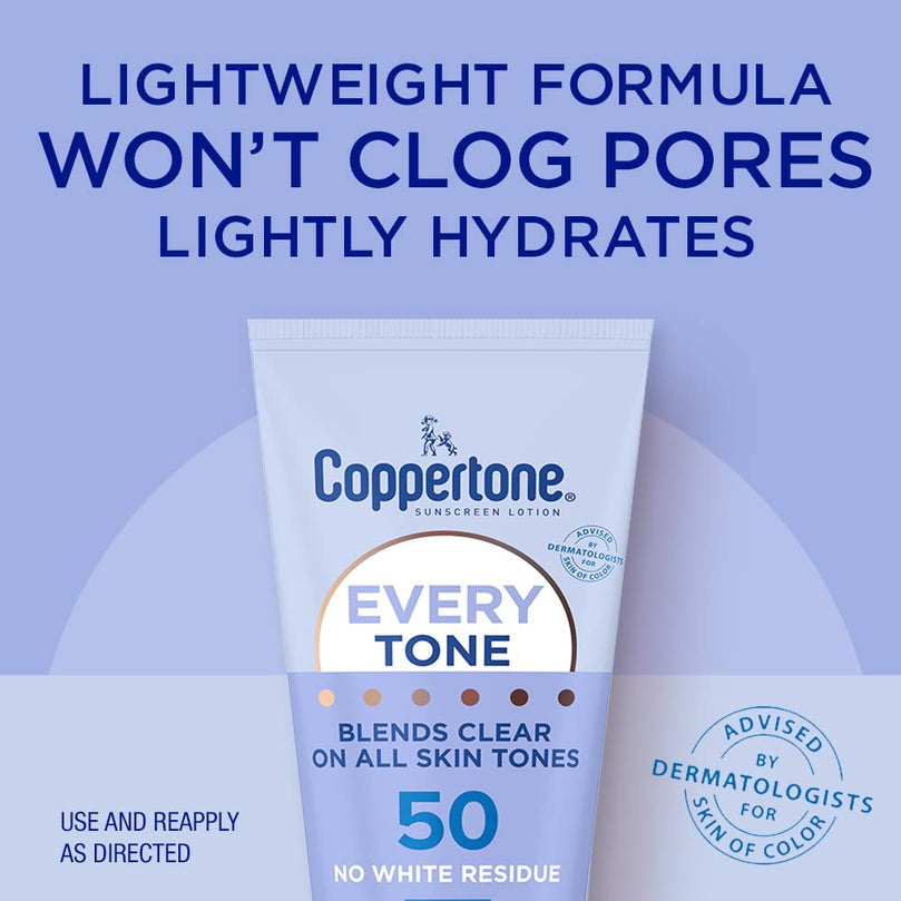 Coppertone Every Tone Sunscreen Lotion SPF 50, Lightweight, Rubs on Clear Sunscreen for All Skin Tones, Formulated with Nourishing Vitamin E, 7 Fl Oz Tube