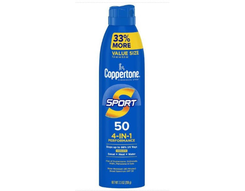 Coppertone Sunscreen Spray Sport SPF 50, 4 in 1 Performance, 80 Minute Water Resistant, 7.3 oz (Pack of 4)