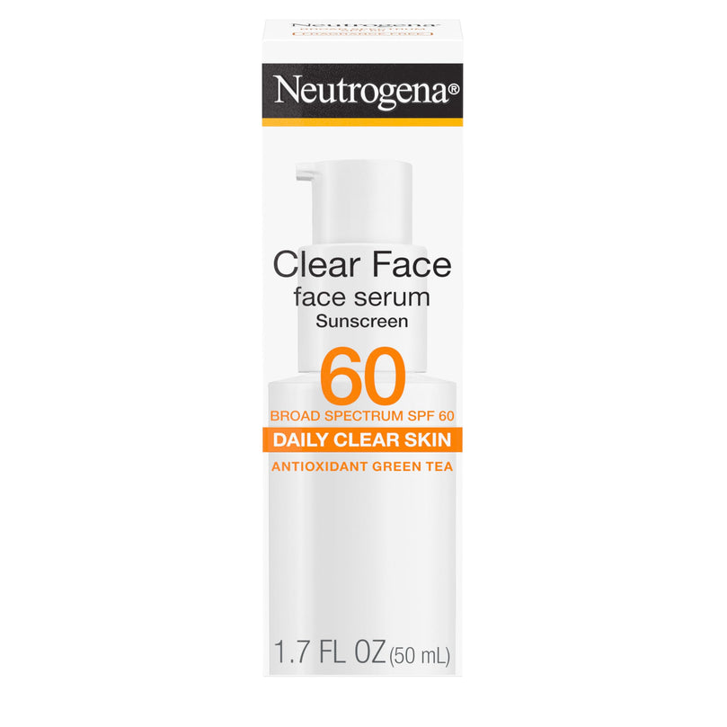 Neutrogena Clear Face Serum Sunscreen with Green Tea, Broad Spectrum SPF 60, Non-Comedogenic Face Sunscreen for Lightweight UVA/UVB Protection, Oxybenzone- & Fragrance-Free, 1.7 fl. oz