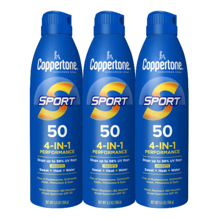 Coppertone Sport Sunscreen Spray SPF 50, Water Resistant Spray Sunscreen Bulk Pack, 5.5 Oz, Pack of 3 (Packaging May Vary)
