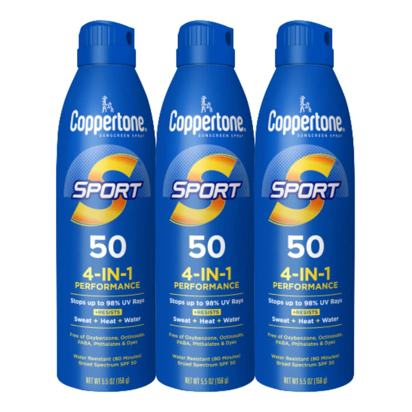 Coppertone Sport Sunscreen Spray SPF 50, Water Resistant Spray Sunscreen Bulk Pack, 5.5 Oz, Pack of 3 (Packaging May Vary)
