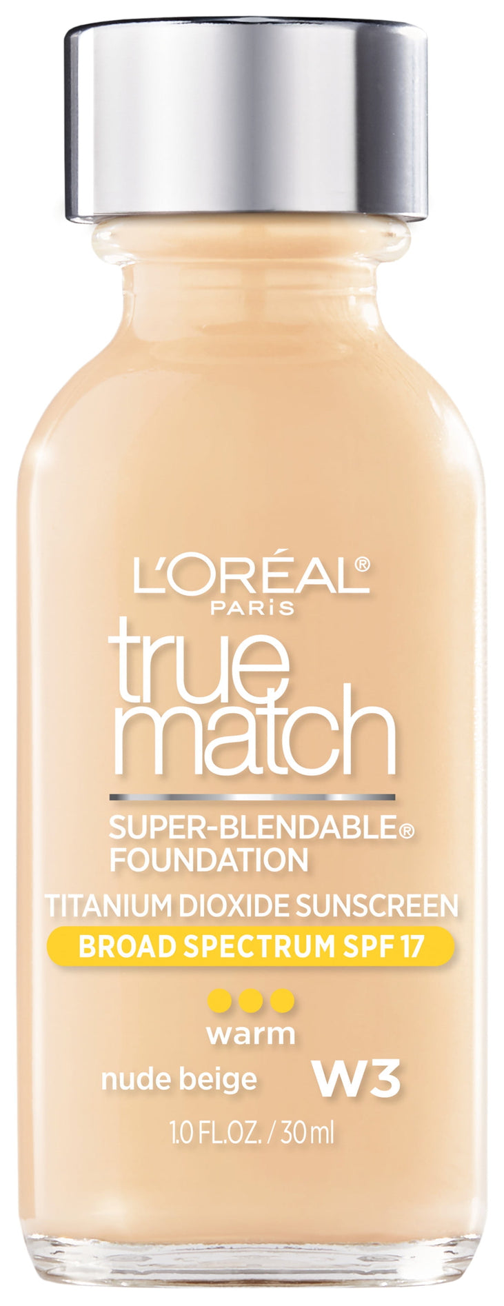 L'Oreal Paris True Match Hyaluronic Tinted Serum Foundation Makeup, W3 Nude Beige, 1 fl oz - Old Version