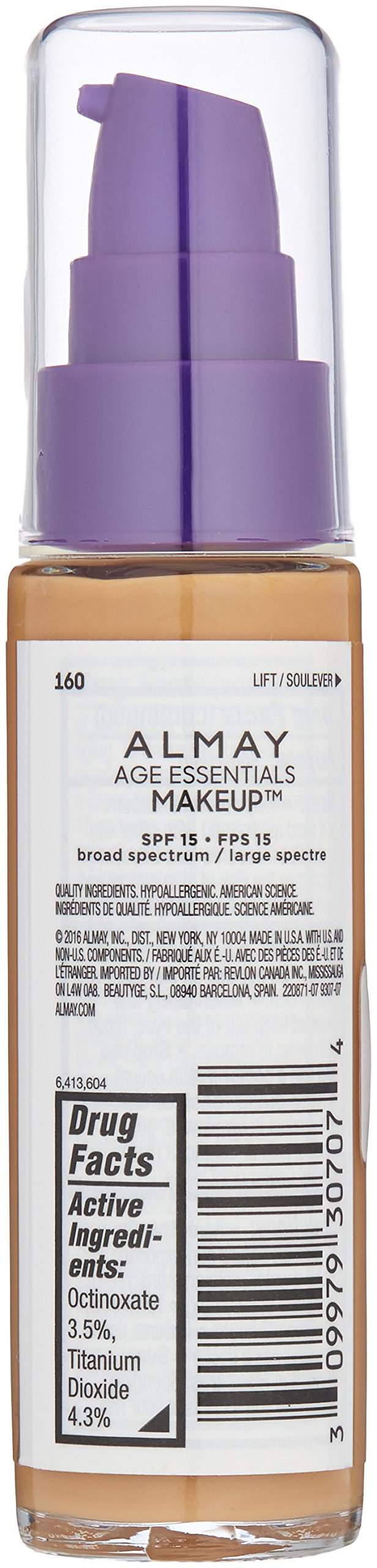 Almay Age Essentials Makeup Foundation, 160 Medium Warm, with Broad Spectrum SPF 15, 1 Fl Oz