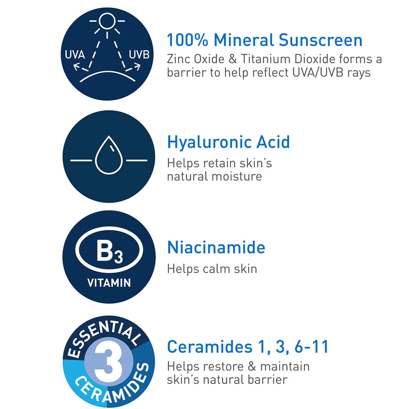 CeraVe 100% Mineral Sunscreen SPF 30, Face sunscreen With Zinc Oxide & Titanium Dioxide, Hyaluronic Acid + Niacinamide + Ceramides, Oil Free, Travel Size 2.5 oz