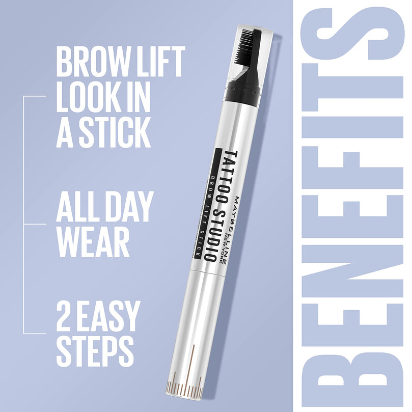 Maybelline TattooStudio Brow Lift Stick Makeup with Tinted Wax Conditioning Complex, Soft Brown, 1 Count