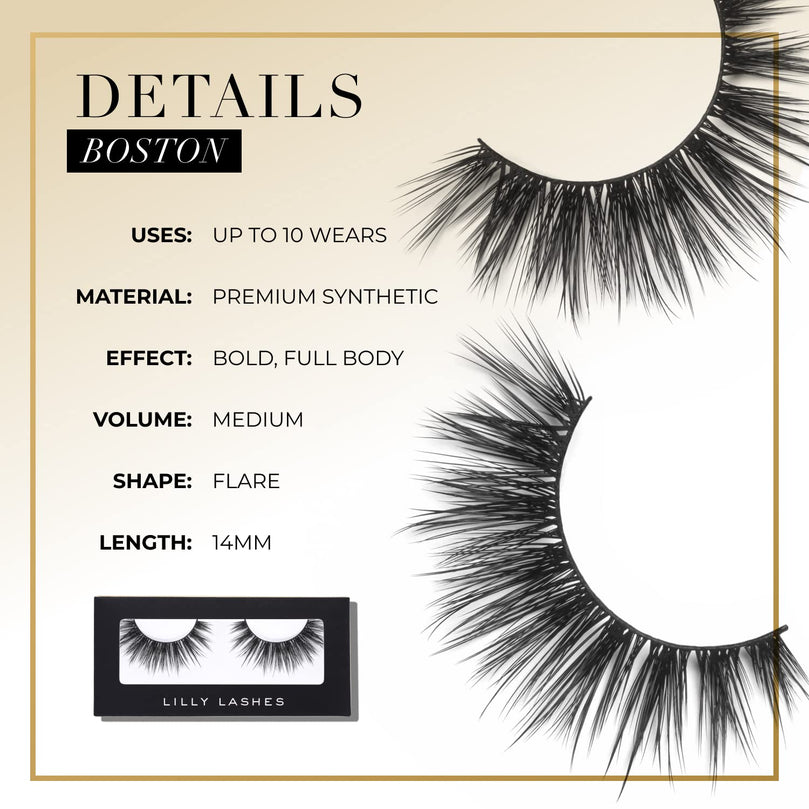 Lilly Lashes Premium Synthetic Lashes Boston, Fake Eyelashes Natural Look, Bold Full Bodied Natural Look, False Lashes, Vegan Strip Lash, Reusable Up to 10 Wears, 15mm
