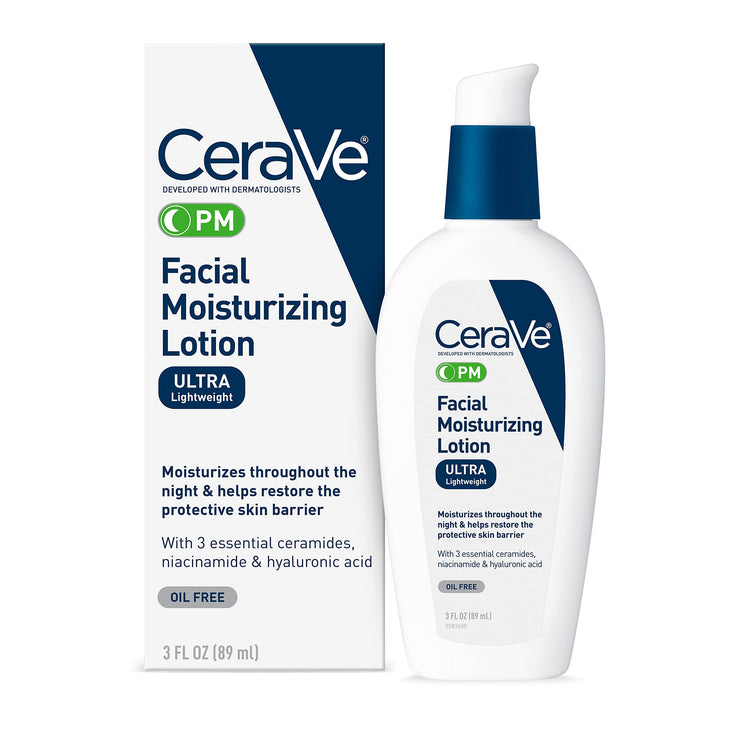 CeraVe PM Facial Moisturizing Lotion, Night Cream with Hyaluronic Acid and Niacinamide, Ultra-Lightweight, Oil-Free Moisturizer for Face, 3 Ounce