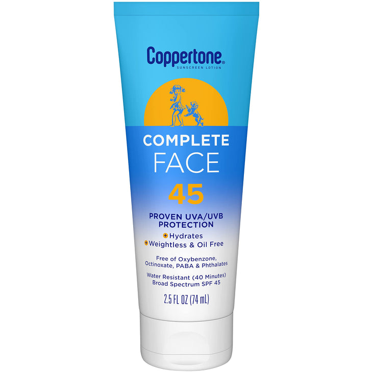 Coppertone Complete Face Sunscreen Lotion SPF 45, Weightless and Oil-Free, Water Resistant Sunscreen with Proven UVA/UVB Protection, 2.5 Fl Oz Tube
