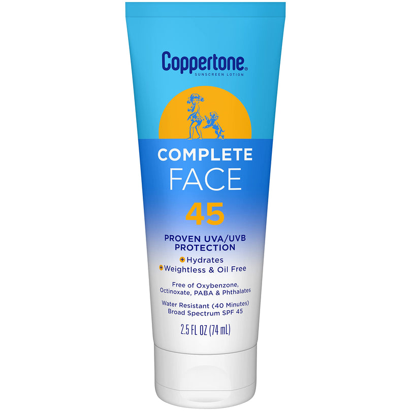 Coppertone Complete Face Sunscreen Lotion SPF 45, Weightless and Oil-Free, Water Resistant Sunscreen with Proven UVA/UVB Protection, 2.5 Fl Oz Tube