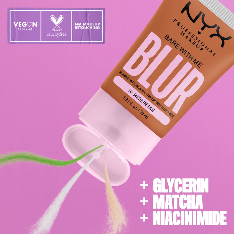 NYX PROFESSIONAL MAKEUP Bare With Me Blur Skin Tint Foundation Make Up with Matcha, Glycerin & Niacinamide - Medium Tan