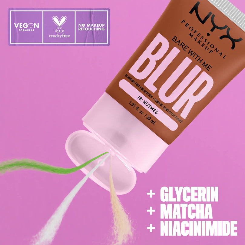 NYX PROFESSIONAL MAKEUP Bare With Me Blur Skin Tint Foundation Make Up with Matcha, Glycerin & Niacinamide - Nutmeg