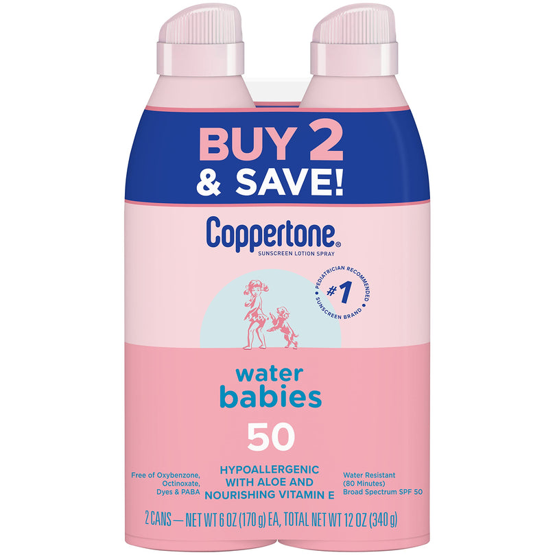 Coppertone WaterBabies Sunscreen Spray SPF 50, Spray On Sunscreen for Babies, Water Resistant, Pediatrician Recommended, 6 Oz, Pack of 2