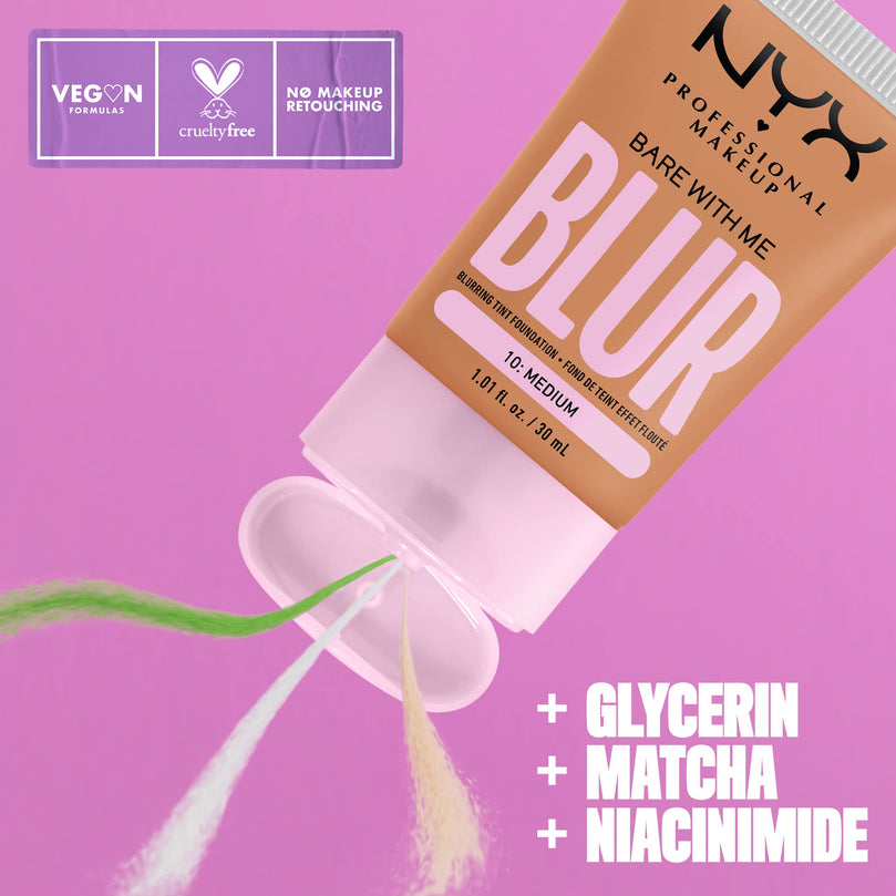 NYX PROFESSIONAL MAKEUP Bare With Me Blur Skin Tint Foundation Make Up with Matcha, Glycerin & Niacinamide - Medium