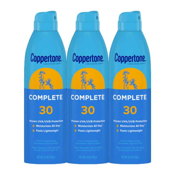 Coppertone Complete Sunscreen Spray SPF 30, Spray Sunscreen for Body, Lightweight, Water Resistant, 5.5 Oz, Pack of 3