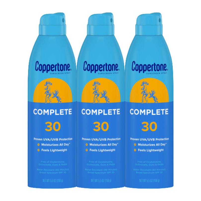 Coppertone Complete Sunscreen Spray SPF 30, Spray Sunscreen for Body, Lightweight, Water Resistant, 5.5 Oz, Pack of 3