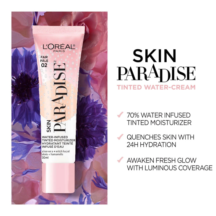 L'Oreal Paris Skin Paradise Water-infused Tinted Moisturizer with Broad Spectrum SPF 19 sunscreen lightweight, natural coverage up to 24h hydration for a fresh, glowing complexion, Light 01, 1 fl oz