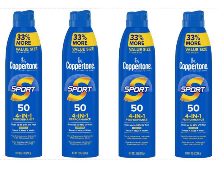 Coppertone Sunscreen Spray Sport SPF 50, 4 in 1 Performance, 80 Minute Water Resistant, 7.3 oz (Pack of 4)