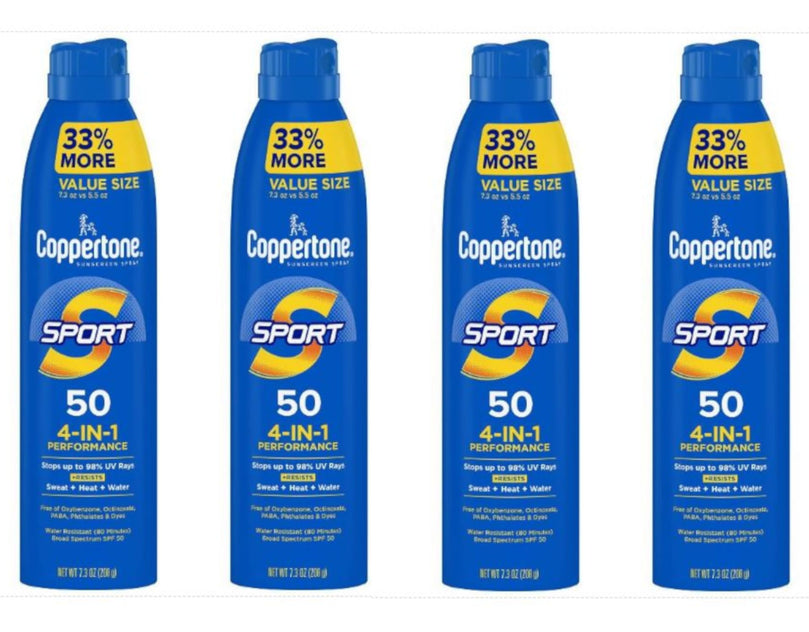 Coppertone Sunscreen Spray Sport SPF 50, 4 in 1 Performance, 80 Minute Water Resistant, 7.3 oz (Pack of 4)