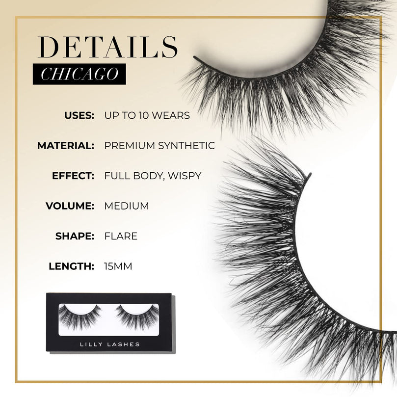 Lilly Lashes Premium Synthetic Lashes Chicago, Fake Eyelashes Natural Look, Flare Wispy Lash, False Lashes, Vegan Strip Lash, Reusable Up to 10 Wears, 15mm