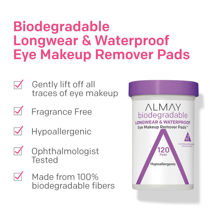 Almay Biodegradable Makeup Remover Pads, Longwear & Waterproof, Hypoallergenic, Fragrance-Free, Dermatologist & Ophthalmologist Tested, 80 Count