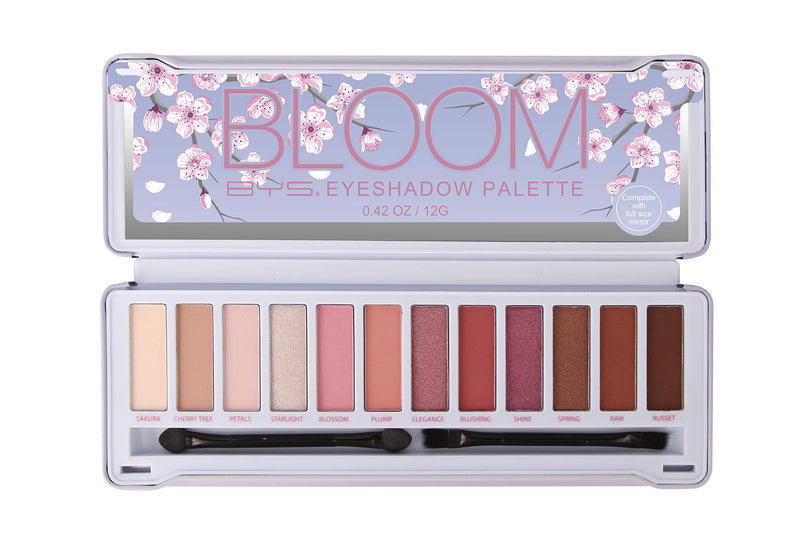 BYS 12 Shade Bloom Eyeshadow Metallic and Matte Palette Tin Collection with Mirror, Double Ended Applicator and Blender