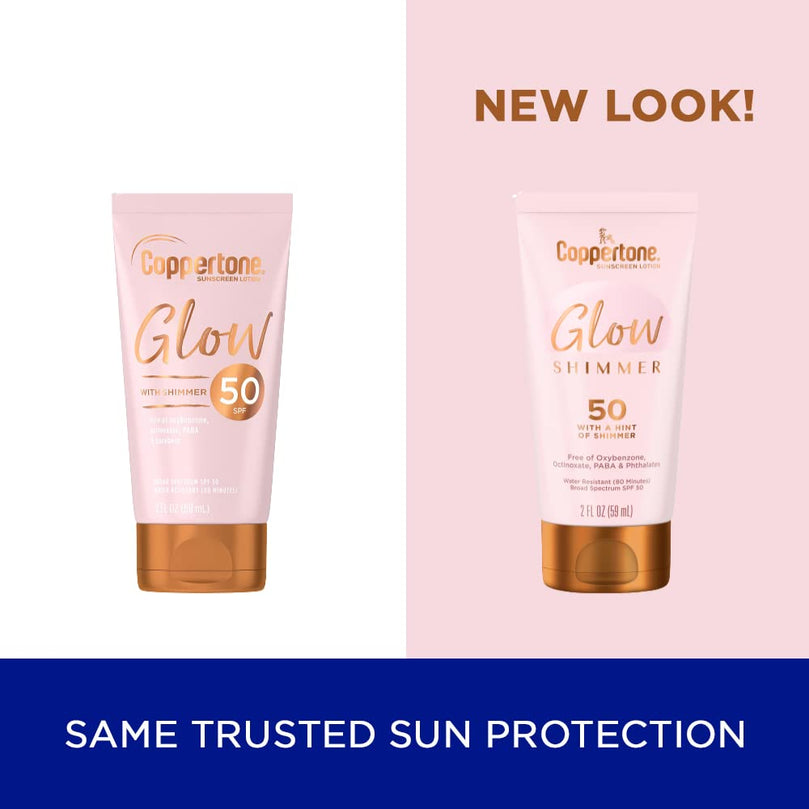 Coppertone Glow with Shimmer Sunscreen Lotion, Water Resistant , Broad Spectrum SPF 50, Travel Size, 2 Fl Oz Bottle