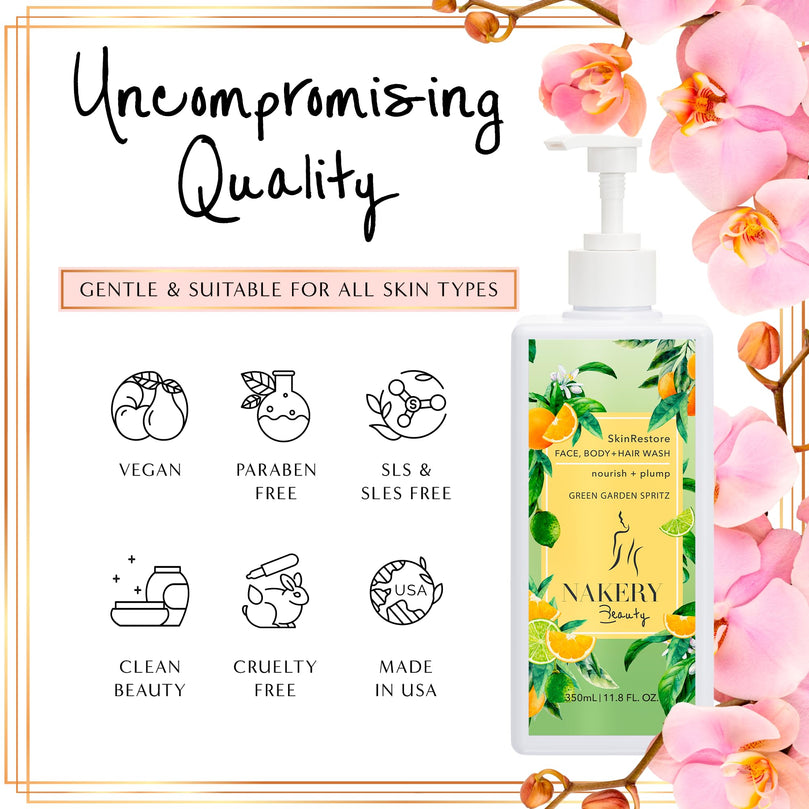 Nakery SkinRestore Hydrating Face & Body Wash with Hyaluronic Acid - Body Wash for Sensitive Skin - Foaming Face Wash & Oil Cleanser for Women 350ml - Sulfate Free & Cruelty Free - Green Garden Spritz