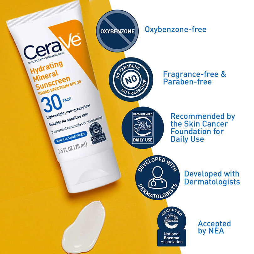 CeraVe 100% Mineral Sunscreen SPF 30, Face sunscreen With Zinc Oxide & Titanium Dioxide, Hyaluronic Acid + Niacinamide + Ceramides, Oil Free, Travel Size 2.5 oz