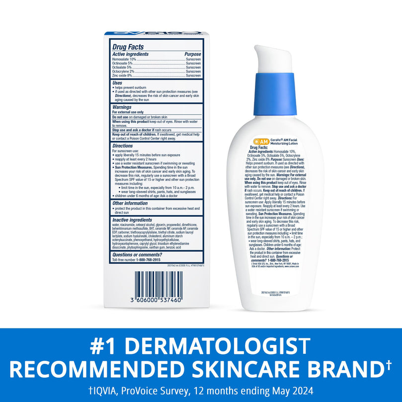 CeraVe AM Facial Moisturizing Lotion with SPF 30, Oil-Free Face Moisturizer with SPF, Formulated with Hyaluronic Acid, Niacinamide & Ceramides, Non-Comedogenic, Broad Spectrum Sunscreen, 3 Ounce