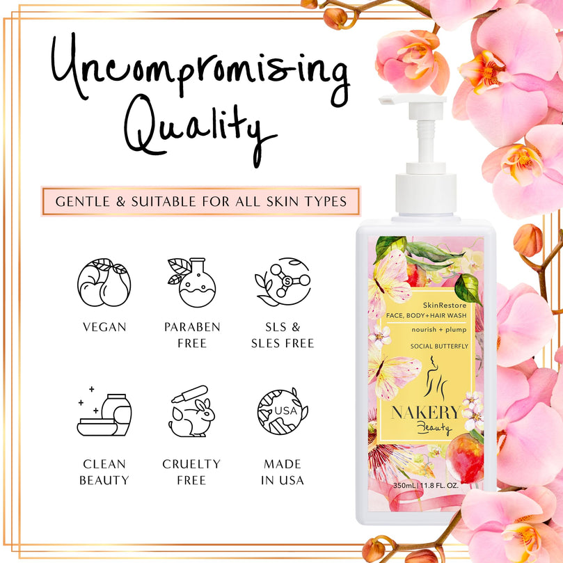 Nakery SkinRestore Hydrating Face & Body Wash with Hyaluronic Acid - Body Wash for Sensitive Skin - Foaming Face Wash & Oil Cleanser for Women 350ml - Sulfate Free & Cruelty Free - Social Butterfly
