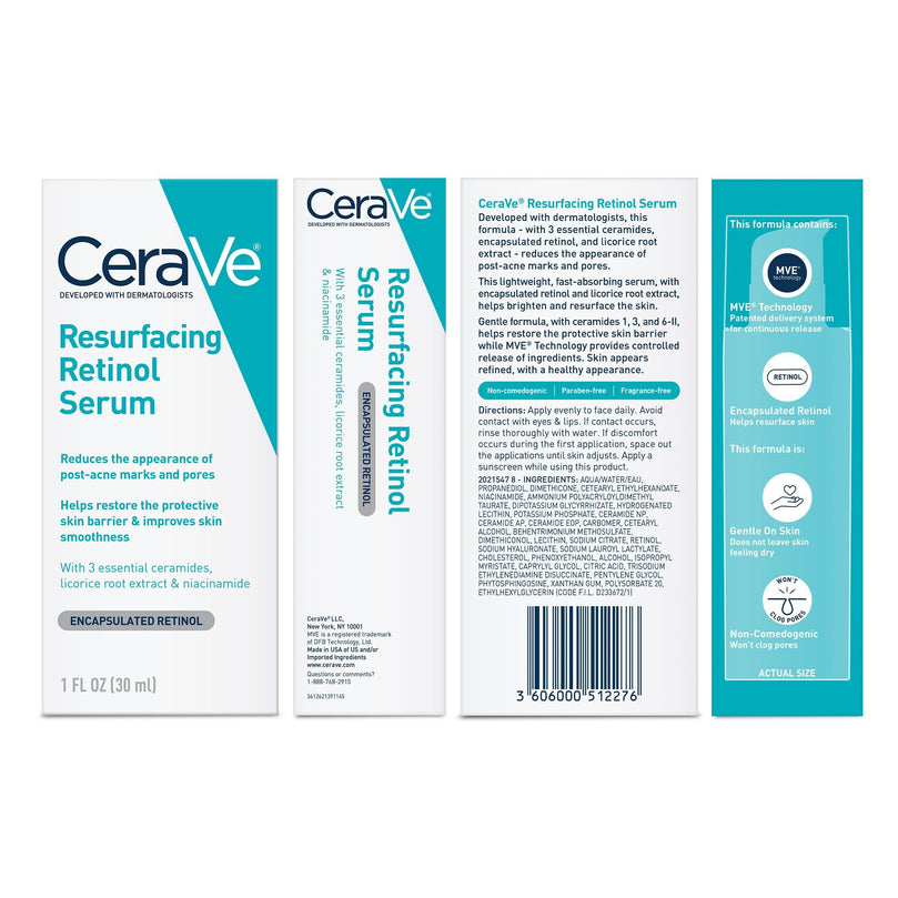 CeraVe Resurfacing Retinol Serum For Post Acne Marks, Formulated With Licorice Root Extract & Niacinamide, Brightening Serum & Pore Minimizer For Face, Post Acne Skin Barrier Repair, Non-Comedogenic
